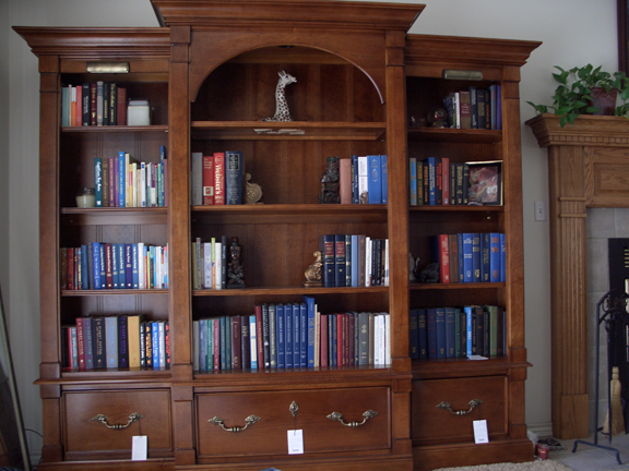 Here's the bookshelves with our books displayed: